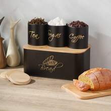 Aurelion 4pcs Black Metal Kitchen Storage Set With Bamboo Lid Bread Box And Coffee Tea Sugar Canisters, Gold Letter Print Food Storage Containers, Countertop Kitchen Organizer - Black - View 11