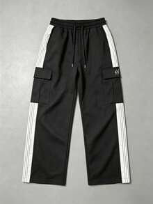 Men's Colorblock Side Stripe Cargo Wide Leg Pants, Elastic Drawstring Waist Multi-Pocket Street Style Loose Straight Leg Long Pants - Black - View 2