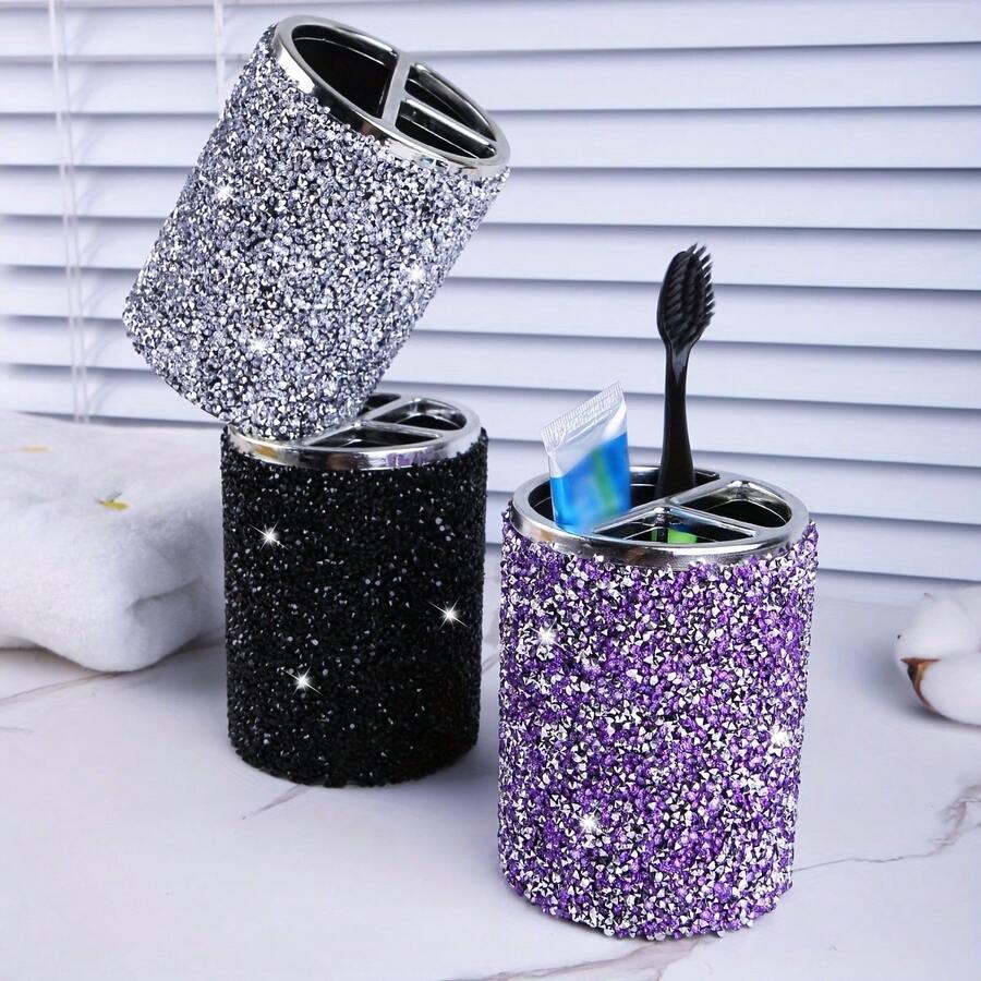 Sparkling Rhinestone Toothbrush Holder, Shiny Sequin Divided Storage Cup, Decorative Countertop Organizer, Suitable For Toothbrushes, Toothpaste, Makeup Brushes, Fashionable Vanity Decor For Home, Dorm And Hotel Bathrooms - Pink - View 1