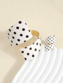 1 Set 2pcs Vintage Black & White Polka Dot Open Cuff Bracelet & Ring Set, Minimalist French Style Wide Metal Niche Bracelet And Ring - Multicolor - View 4