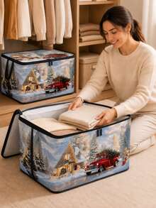 Christmas Foldable Storage Box With Zipper Lid, Collapsible Zipper Storage Bin With Lid And Handles, Large Capacity Clothing And Bedding Organizer Box With Handles, Christmas Tree And Red Truck Pattern Blanket Storage Box - Multicolor - View 3