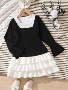 Sweet Dress For Tween Girls, 2 Pieces Style Long Sleeve Princess Dress, Square Neck Black & White Contrast Color Flare Sleeve Top, Multi-Layer Ruffle Cake Hem - Black - View 4