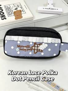 1pc Blue Plaid Lace Pencil Case, Star Embroidery Polka Dot Print Stationery Bag, Large Capacity Cute Pencil Pouch, Student Back T, First Day Of School - Multicolor - View 10