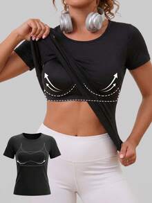 Summer Fashion Round Neck Short Sleeve T-Shirt, With Fixed Non-Removable Chest Pads, Soft And Comfortable, Suitable For All-Day Wear And Sports Black - Black - View 1