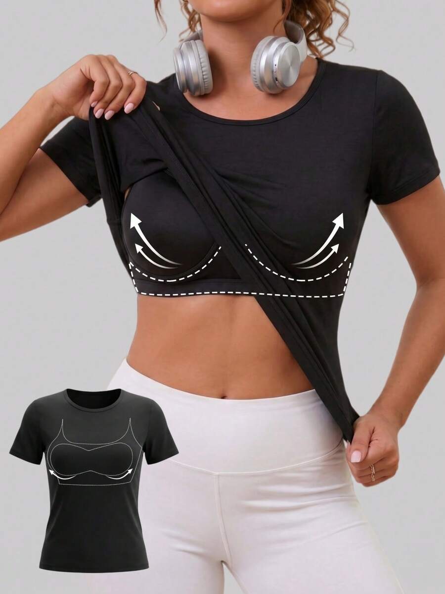 Summer Fashion Round Neck Short Sleeve T-Shirt, With Fixed Non-Removable Chest Pads, Soft And Comfortable, Suitable For All-Day Wear And Sports Black - Black - View 1