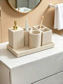 Sandstone Color Bathroom Accessories, Modern Farmhouse Style, Including Toothbrush Holder, Soap Dispenser, Tray, Tumbler And Cotton Swab Holder - Sandstone - View 2