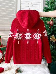 Girls' Preppy Style Geometric Pattern Cable Knit Hooded Cardigan Sweater, Long Sleeve, Suitable For Christmas, Daily Wear, School, Spring, Autumn, Winter - Red - View 2