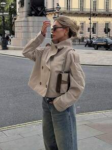 Chaqueta casual de moda para mujer con doble botonadura y manga larga, edición de primavera, oversize - Caqui - Ver 1