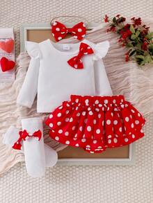 Set 5 pcs untuk Bayi Perempuan: Kaos Lengan Panjang Bergaris Putih dengan Pita Polkadot & Hiasan Ruffle + Gaun Ruffle Bertingkat Dua Lapis Polkadot + Bando Pita + Kaos Kaki - Merah - View 2