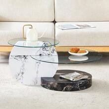 Modern Minimalist Double-Layer Tempered Glass Coffee Table, Multi-Level Design, High-Quality MDF Support Structure With White Marble Finish. Multiple Colors Available. - 黑與白 - 查看 4