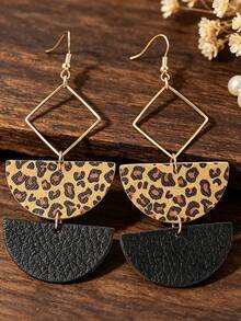 1 Pair Vintage Sexy Leopard Print & Black Half-Circle PU Leather Earrings, Metal Rhombus Geometric Patchwork Pendant Earrings - Multicolor - View 4