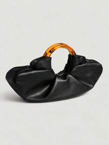 Fashionable Minimalist Pleated Cloud Handbag, Classic Style Women's Solid Color Cloud-Shaped Handbag In PU Leather With Magnetic Clasp Closure - Black - 查看 5