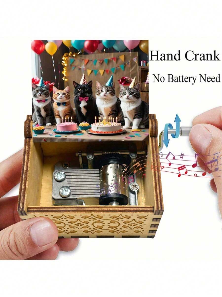 Creative Cat Party Hand-Crank Music Box, Cat Birthday Pattern, Gift For Best Friend, Girlfriend, Family, Lover, Holiday Party Decoration Ornament, Hand-Crank Music Playback, Suitable For Birthday-Holiday Gift