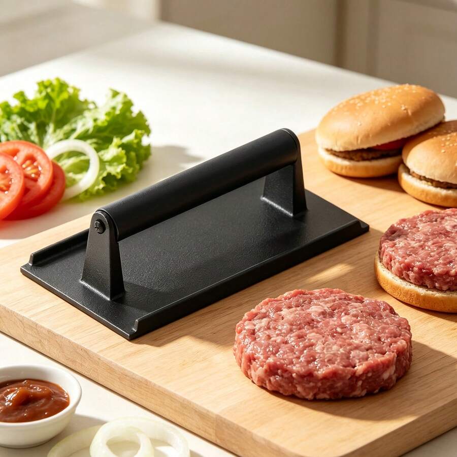 Pressa per hamburger in ghisa, peso rettangolare per carne con base zigrinata, nero - nero - Visualizzare 1