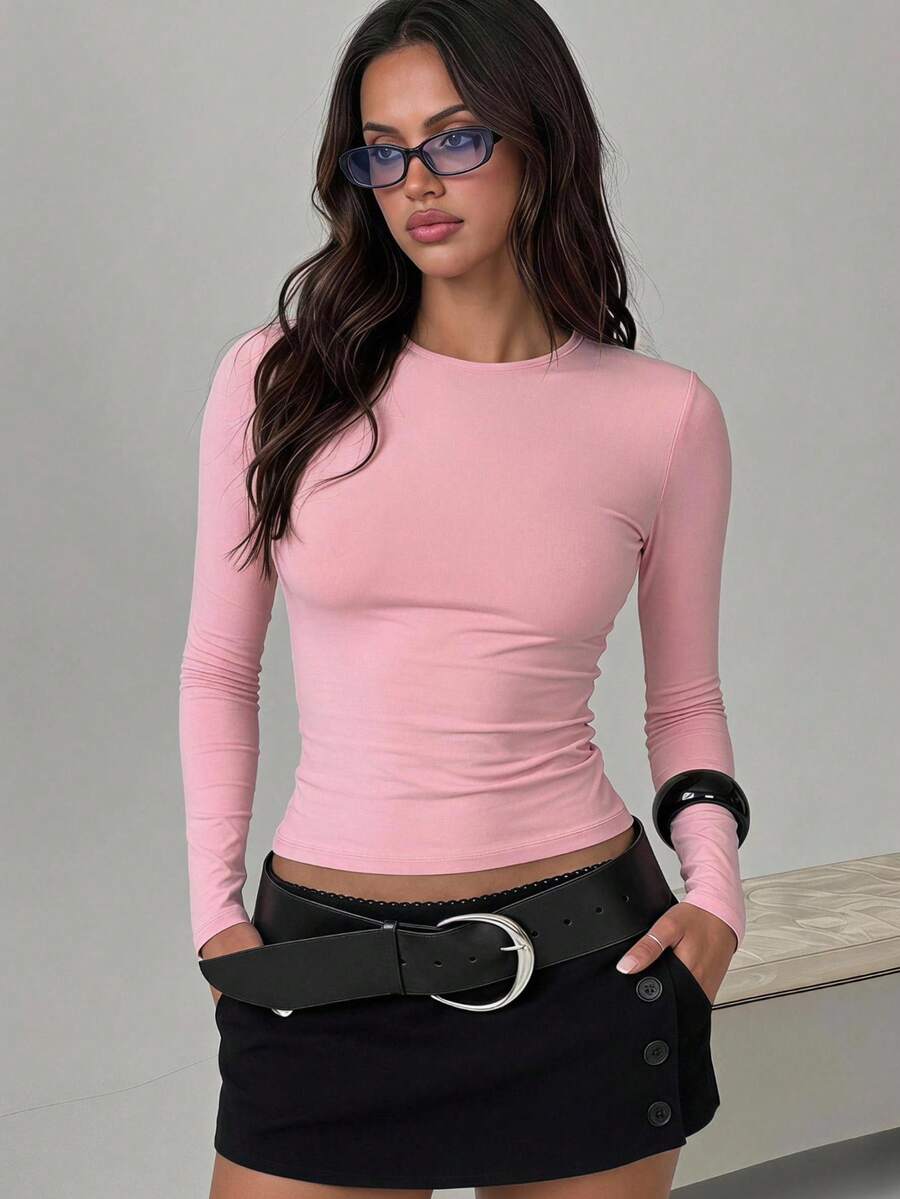 Women's Ribbed Slim Fit Soft Top, Long Sleeve Scoop Neck Bodycon Casual Top - Pink - View 1