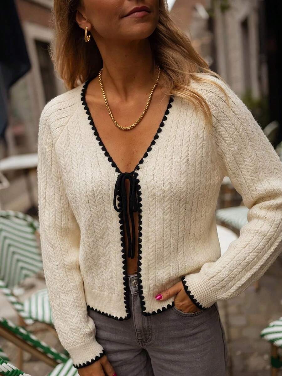 Gentle Style Lace-Up Outerwear, Full-Body Vertical Striped Cable Cable Contrast Color Wavy Hem, Versatile Short Knit Top, Suitable For Daily Commute, Date, Afternoon Tea - Apricot - View 1