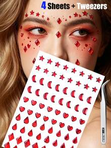 2/4pcs Red Face Gem Stickers, Star, Heart, Teardrop, Square, Diamond Shapes, Self-Adhesive, With Tweezers, Suitable For 2K Style Carnival Party, Halloween, Cosplay - Red - View 13