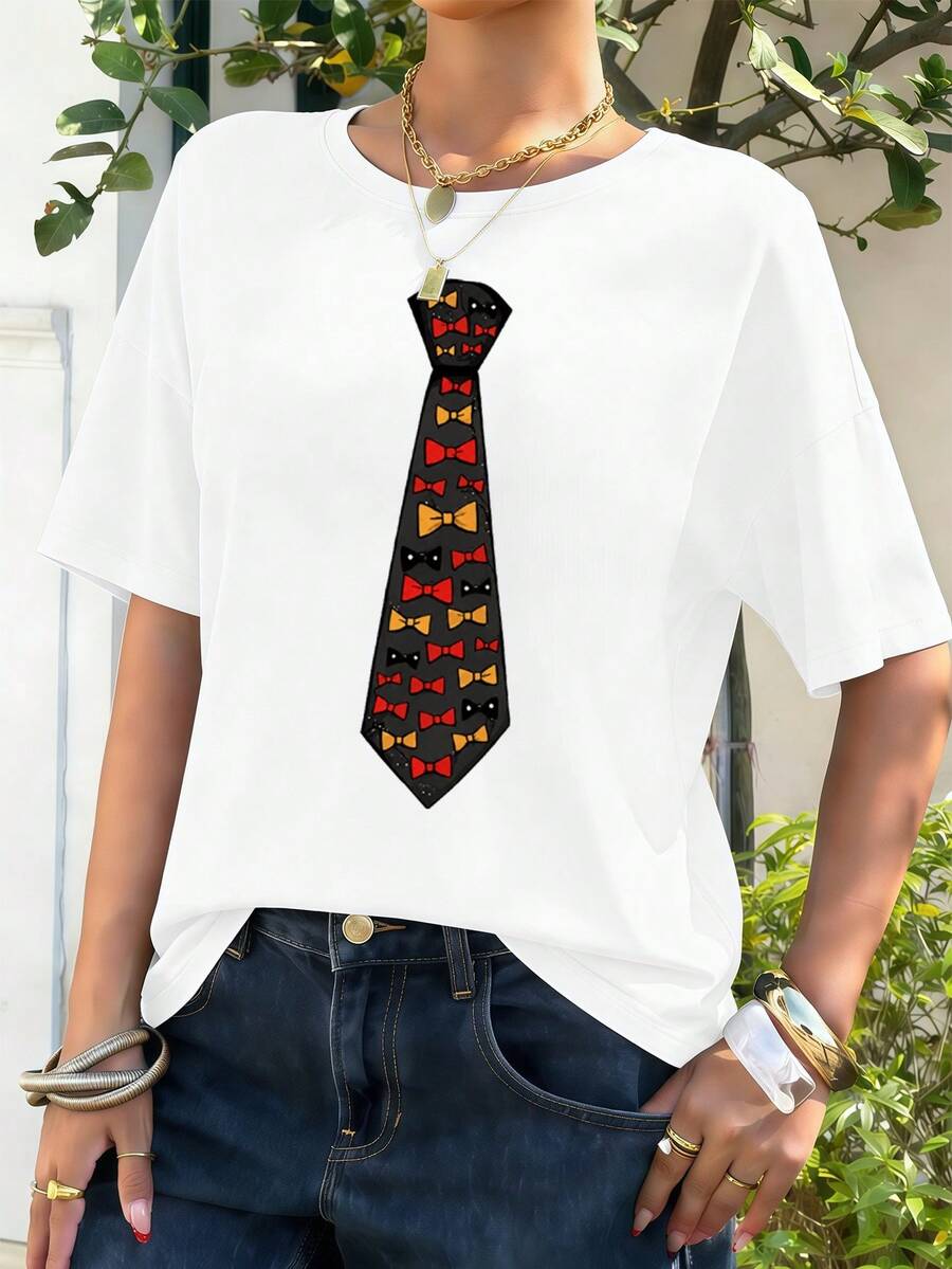 Women's Graphic Bow Print T-Shirt, Crew Neck, Relaxed Fit, Hip-Hop Street Style, Comfortable Fit, Art Print - White - View 1