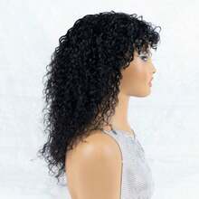 AMECIRE Curly Wig Human Hair Wigs Long Hair For Women With Bangs Water Wave Wig Black Wig Fluffy Shape Elastic Mesh Cap Suitable For Everyday Wear - Natural Black - View 8