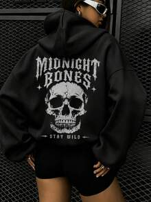Sweatshirt Pullover Bergambar Tengkorak Ukuran Besar, Sweatshirt Pullover Lengan Panjang Hitam Kasual - Hitam - View 1