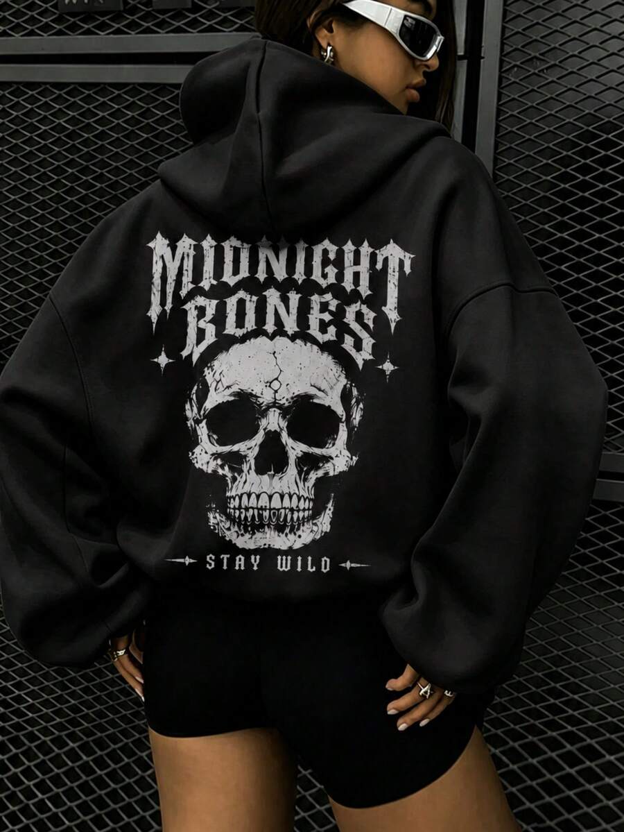 Sweatshirt Pullover Bergambar Tengkorak Ukuran Besar, Sweatshirt Pullover Lengan Panjang Hitam Kasual - Hitam - View 1