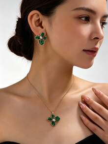 3pcs/Set Minimalist Vintage Elegant Enamel Drip Flower Pendant Necklace & Earrings Set For Women, Suitable For Beach, Vacation, Party, Banquet, Daily Wear - Green - View 6