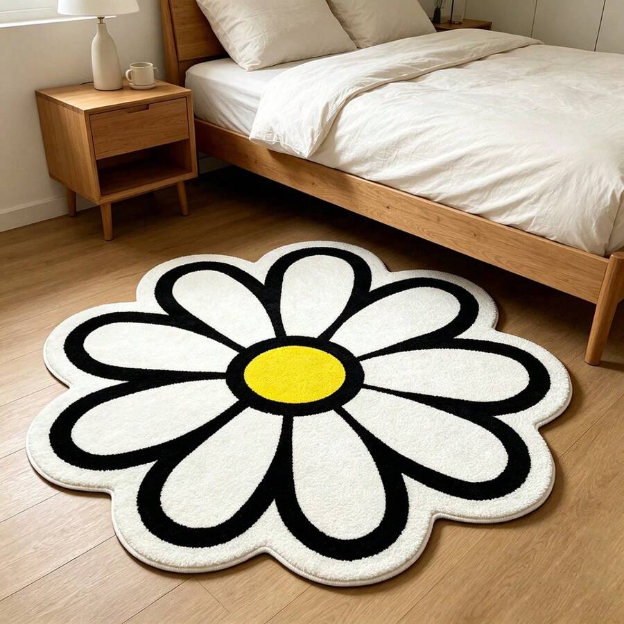1pc Black And White Daisy Rug, Home Decor Rug, Bedroom Decor, Small Rug, Creative Fashion Rug, Living Room Rug, Living Room Small Rug, Bedroom Rug, Outdoor Rug, Washable Rug - Multicolor - View 1