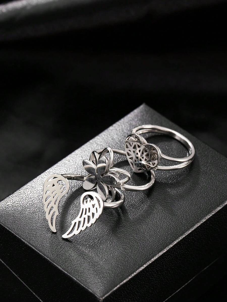 3pcs Vintage Niche Silver Stainless Steel Hollow Angel Wings Flower Heart Open Rings For Women And Men, Daily Wear, Party, Anniversary - Silver - View 1