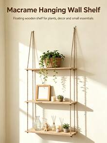Bohemian Style Rope Hanging Plant Shelf - Wall-Mounted Rope Frame, Suitable For Plants, Artificial Wood Shelf, Space-Saving Decor For Living Room, Bedroom, Balcony - Easy Installation And Minimalist Aesthetic - Multicolor - View 5