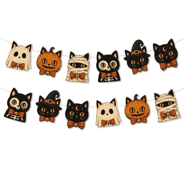2pcs Cat Face Halloween Party Banner, Scary Cat Tag Design, Suitable For Halloween Party Decorations, Halloween Celebration, Wall Decorations, Fireplace Decorations, Halloween Room Decorations