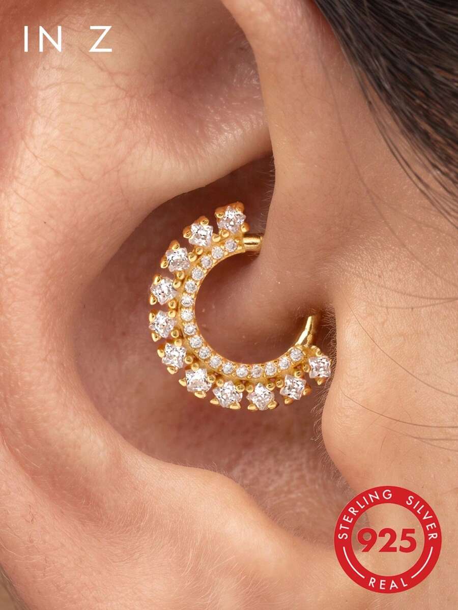 1pc 925 Sterling Silver 16G Double Row Zirconia Inlaid Sunflower Earring – Cartilage Hoop, Helix Hoop, Nose Ring, Septum Ring, Seamless Clicker Earring, Mini Earring, Tragus Hoop, Cartilage Piercing Hoop, Silver Seamless Cartilage Earring, Suitable For Men And Women Daily Wear - Double Row Round Diamond - View 1