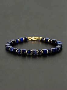 Gelang Lapis Lazuli Pria dengan Manik-Manik Kubus & Berfaset, Perhiasan Tumpuk Minimalis Gaya Boho Cocok untuk Pemakaian Sehari-hari, Kekuatan, Perlindungan, Harmoni - MultiWarna - View 9