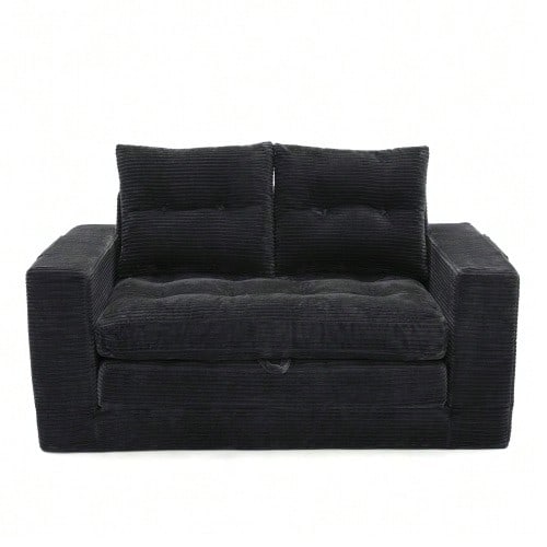 Sofá de dois lugares, ideal para deitar e sentar, com apoios de braço alargados e bolsos laterais – adequado para sala de estar, quarto e escritório.