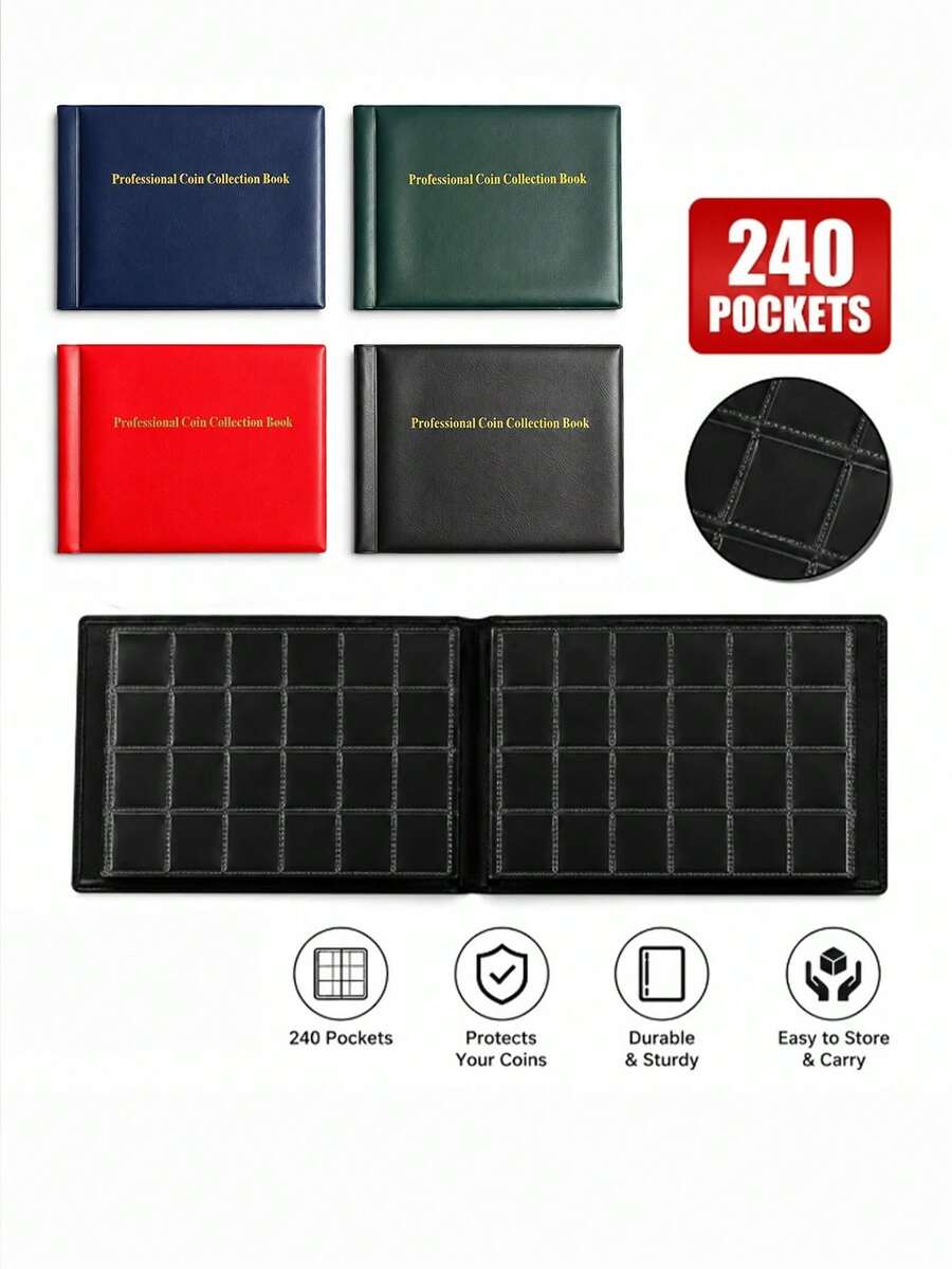 1 pieza Álbum de colección de monedas de 240 bolsillos con páginas interiores transparentes, adecuado como regalo de cumpleaños, festivo, Navidad, álbum de colección de monedas de 25 centavos, 8 pulgadas*6 pulgadas, 4 colores disponibles