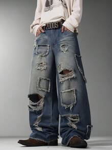 Modcrash Japanese Street Art Spliced Men Jeans, Retro Ripped Wide Leg Pants, Loose Casual All Season Wear (No Belt & Accessories) Fall/Autumn/Winter - Blue - View 3