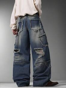 Modcrash Japanese Street Art Spliced Men Jeans, Retro Ripped Wide Leg Pants, Loose Casual All Season Wear (No Belt & Accessories) Fall/Autumn/Winter - Blue - View 7