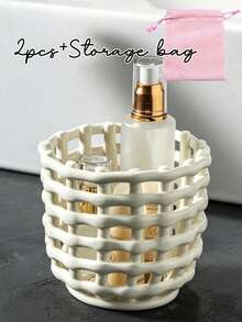 2/1pc Multifunctional Woven Texture Desktop Storage Box And Hollow Storage Cup, Cosmetic Stationery Jewelry Miscellaneous Items (E.G., Keys) Desktop Organizer, Suitable For Home Bathroom, Vanity Area And Dorm - Multicolor - View 10