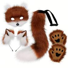 4pcs Adjustable Realistic Fox Mask Set, Includes Bendable Tail, Ear Headband And Gloves, Halloween/Christmas Cosplay Party Costume - A - View 2