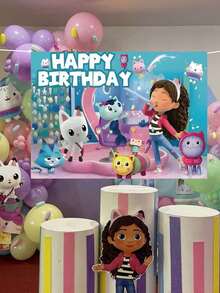 MASSDI Gabby Dollhouse 生日快樂 Gabby Cat 主題攝影背景布，多色卡通角色圖案派對背景布，防皺輕量橫幅，適合生日拍照、室內慶祝場景裝飾 - 多款 - 查看 11