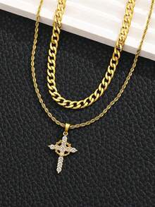 2pcs/Set Boys Fashion Popular Crown Cross Necklace With Twisted Chain & Cuban Chain For Kids Street Party Outdoors School Dates Jewelry For Daily Life - Gold - View 2