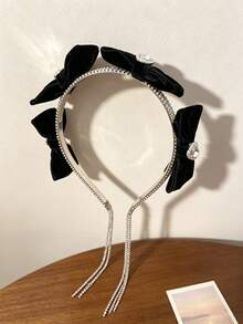 1pc Black Velvet Bow Heart Rhinestone Tassel Headband, Luxury Rhinestone Chain Headband For Women, Party & Banquet Hair Accessory - Multicolor - View 4