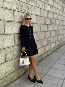 New Autumn/Winter Women's Elegant Bow & Button Design Sweater Dress - Black - View 3