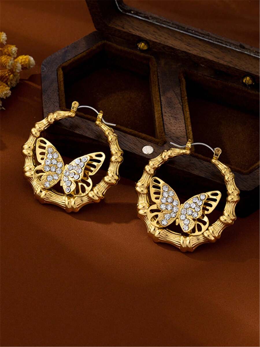 1 Pair European And American Fashion Elegant Versatile Bamboo Joint Earrings, Personalized Sweet Butterfly Bamboo Joint Hoop Earrings For Women - Yellow Gold - View 1