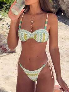 Bikinx Women's Green Wavy Texture Underwire Bikini Set, Beaded Shoulder Strap Swimwear, Suitable For Beach Vacation Summer - Multicolor - View 4