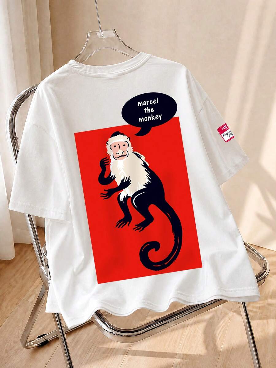 SHEIN X FRIENDS White Double-Sided Friends Oversized Tee, Back Red Background Marcel The Monkey Cartoon Print Loose Casual Top Summer - White - View 1