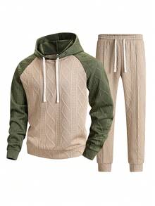 Men's Autumn/Winter Jacquard Hooded Sweatshirt & Long Pants Set - Khaki - View 3