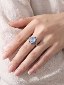 100% 925 Sterling Silver Natural Moonstone Women's Ring, Classic Fashion Adjustable Band Ring Jewelry Gift - Antique Silver - View 3