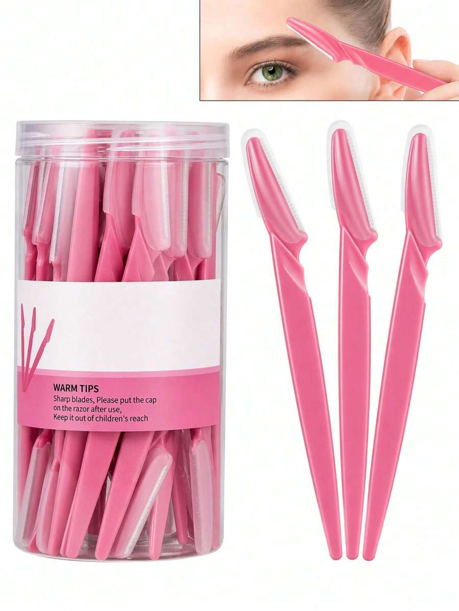 60/40/20pcs Pink Eyebrow Trimmer And Razor Set, Eyebrow Trimmer And Razor, Exfoliating And Hair Removal Tool, Body Hair Trimmer And Face & Set, Long Handle Blade With Precision Protective Cap, Cosmetic, Special Offer, Gift - Pink - View 1