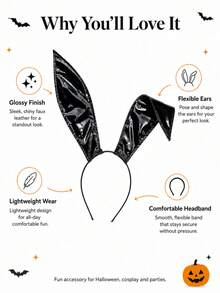 1pc Shiny Patent Leather Rabbit Ear Headband, Long Foldable Rabbit Ear Headband, Halloween Cosplay Bunny Costume Party Hair Accessory - Black - View 5