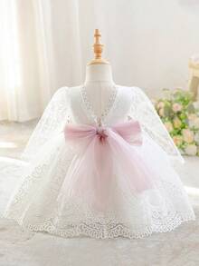 Baby Girls Lace Long Sleeve Embroidered Back V-Neck Puff Tulle Elegant Gorgeous Princess Dress Flower Girl Gown Suitable For 1st Birthday Party Baptism Holiday Ball - White - View 3
